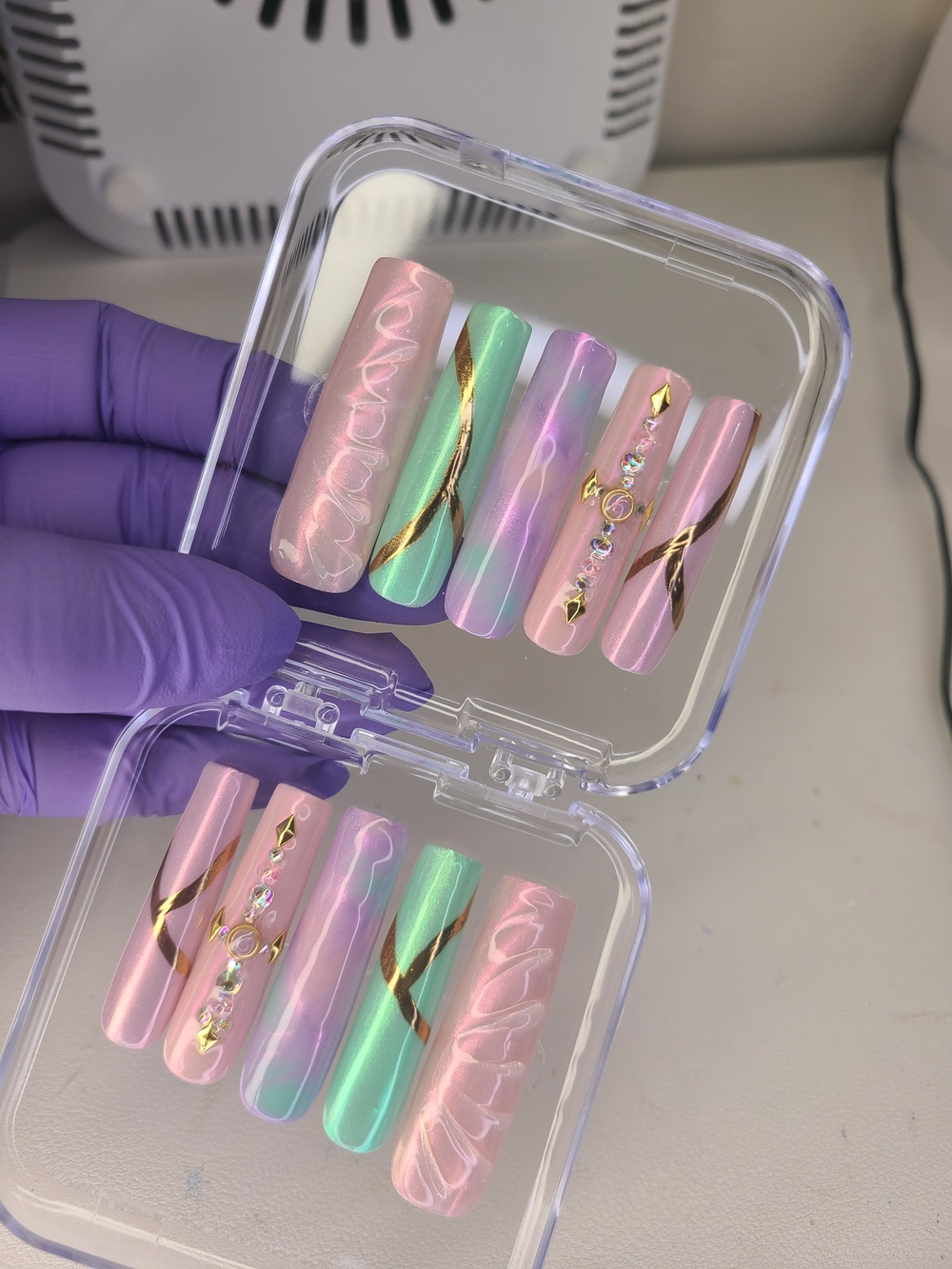 Size-(M) XL-Press-On Nail Set - Pink, Mint & Lavender Holographic Accents